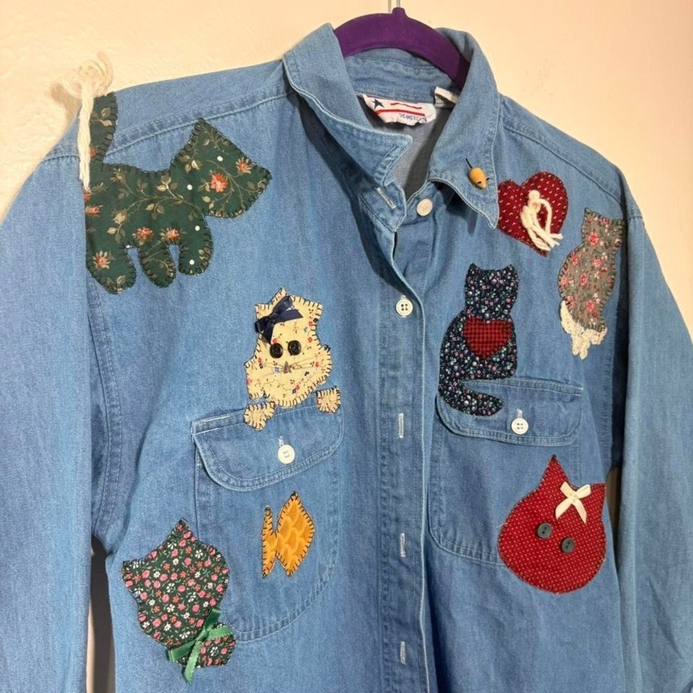 Vintage 90s Patchwork Cats Kitten Cottagecore Grannycore Denim Button Up Small